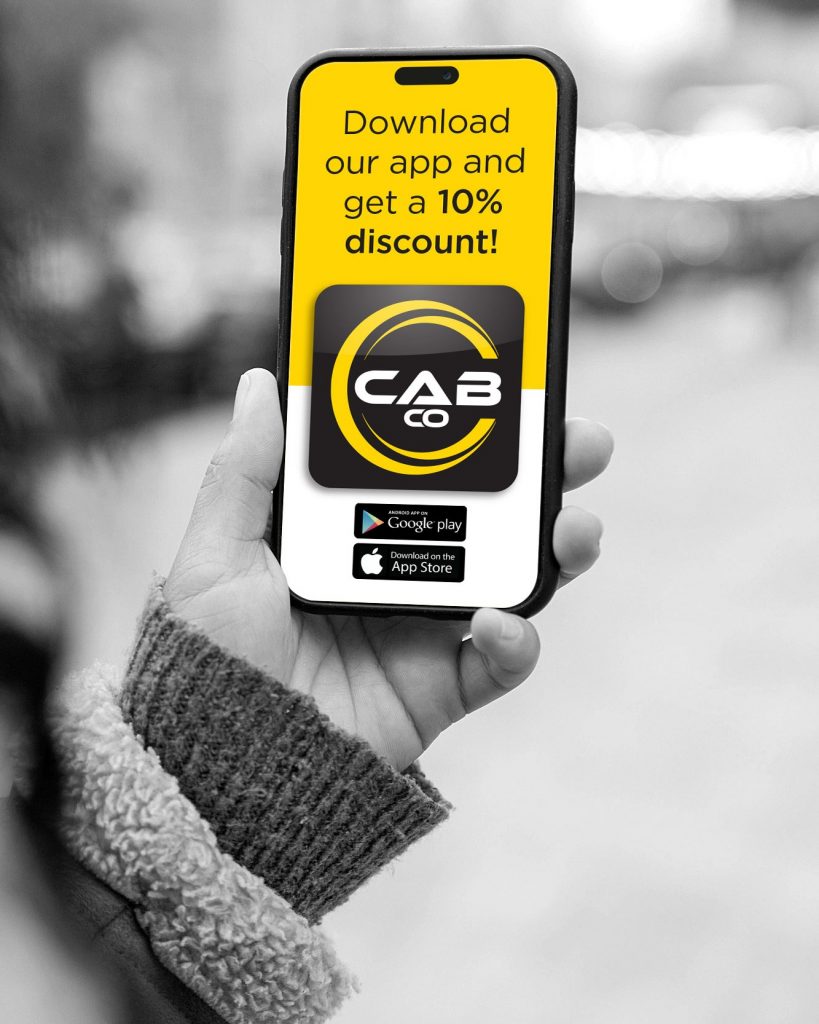 CabCo Canterbury Taxi App. A image with a hand showing CabCo discount for the app